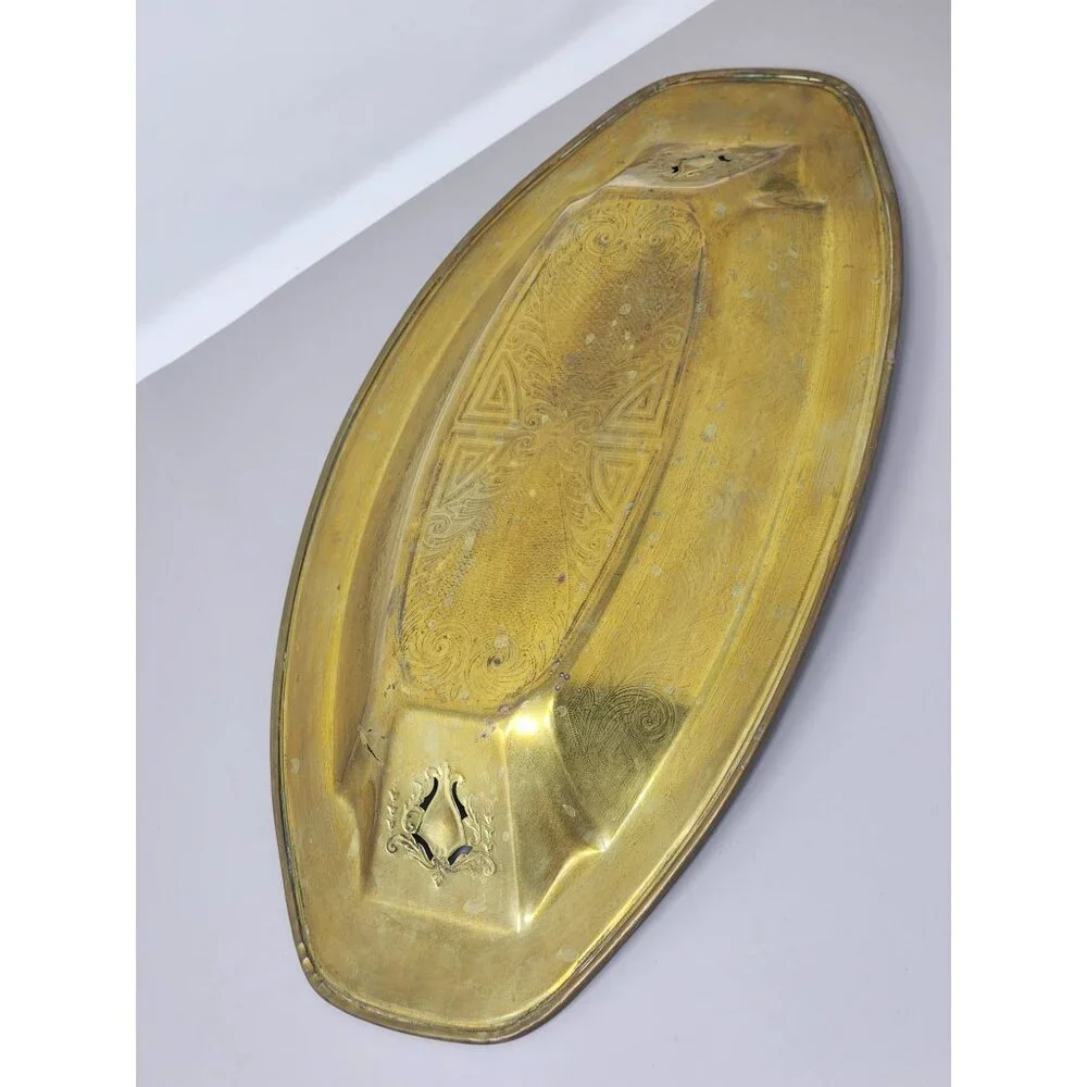 Vintage Brass Bread/Trinket‎ Tray Oval Dish With Abstract Etchings